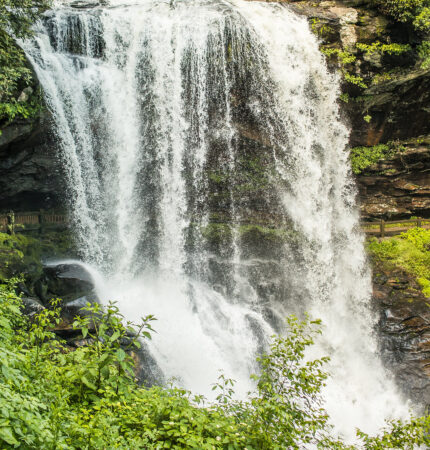 A waterfall cascades over a rocky cliff surrounded by lush green foliage.