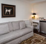 A cozy room features a gray sofa, a small desk with a lamp, a mini fridge, and artwork of a dog on the wall. A patterned rug covers the dark wood floor.